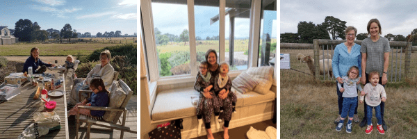 Three images of a family's visit to Glen Osmond Farm, sitting outdoors, indoors and standing with sheep in the background.